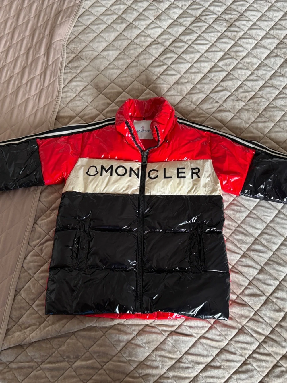 Moncler Kids Colorblock Glossy Puffer Jacket in Red, Black & Cream